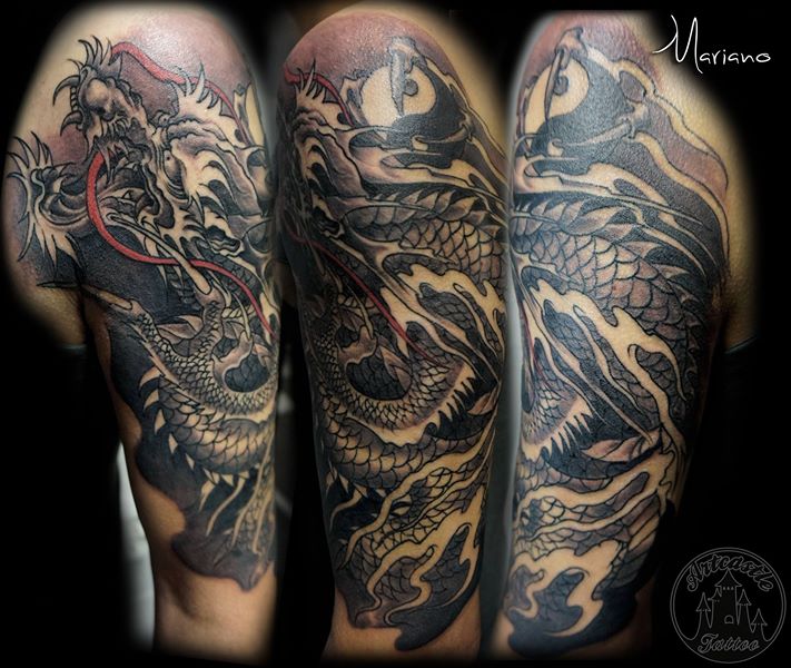 ArtCastleTattoo Tattoo ArtiestMariano Half sleeve of a Japanese Dragon Black n Grey