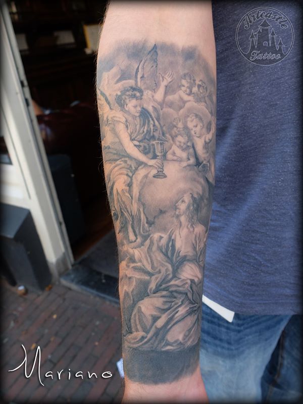 ArtCastleTattoo Tattoo ArtiestMariano Healed angels on lower arm Black n grey Black n grey