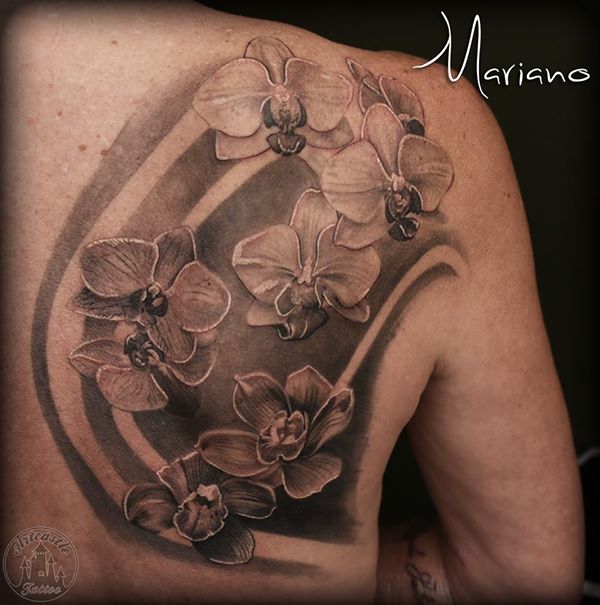 ArtCastleTattoo Tattoo ArtiestMariano Orchids in soft black n grey realism on shoulder with background Black n Grey