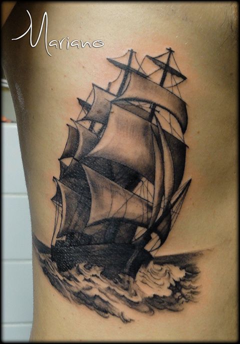 ArtCastleTattoo Tattoo ArtiestMariano Realistic Sailing Ship tattoo Black n Grey