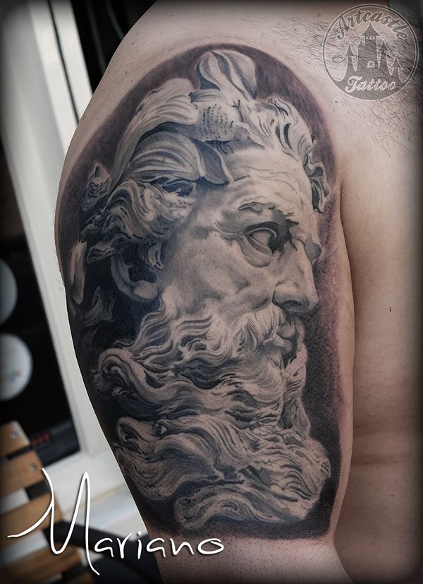 ArtCastleTattoo Tattoo ArtiestMariano Realistic neptune tattoo upper arm Black n Grey