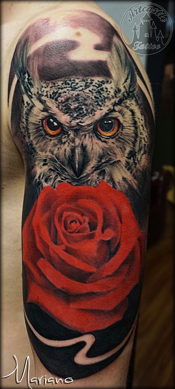 ArtCastleTattoo Tattoo ArtiestMariano Realistic owl with lots of details and a beautifull realistic red rose Black n Grey