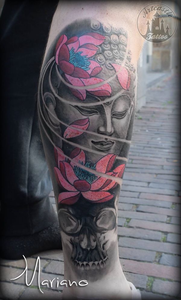 ArtCastleTattoo Tattoo ArtiestMariano buddha with lotus flower and skull on lower leg japans japanese