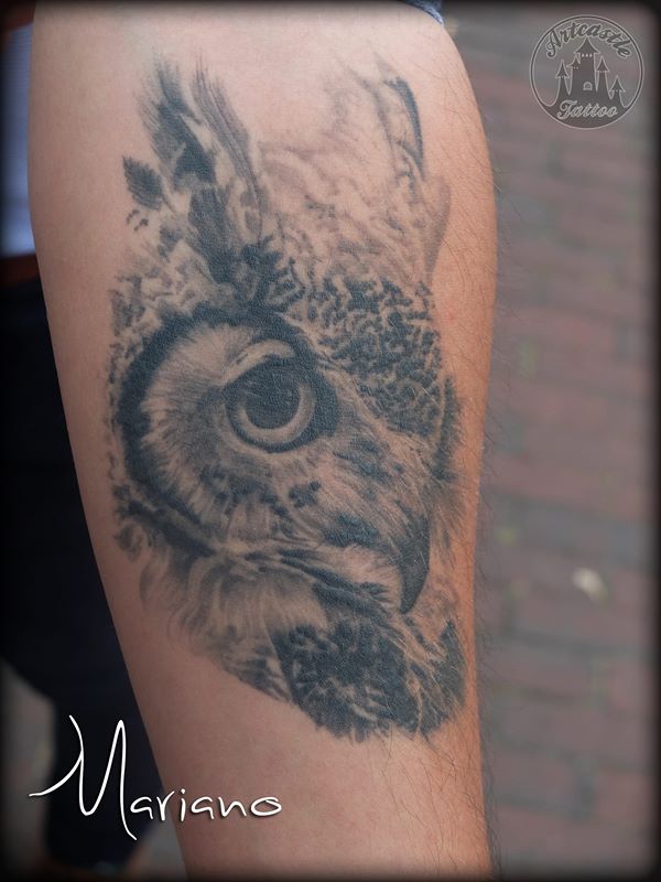 ArtCastleTattoo Tattoo ArtiestMariano healed realistic owls head lower arm black n grey