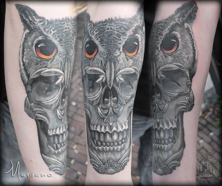 ArtCastleTattoo Tattoo ArtiestMariano owl with skull cover up. black n grey black n grey