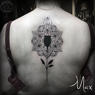 ArtCastleTattoo Tattoo ArtiestMax Custom mandala backpiece with solid blackwork rose down the spine Mandala
