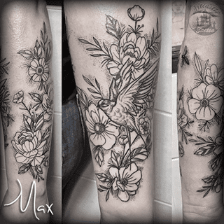 ArtCastleTattoo Tattoo ArtiestMax Decorative botanical flower tattoo with dotwork and bird with fine lines and details. Dotwork