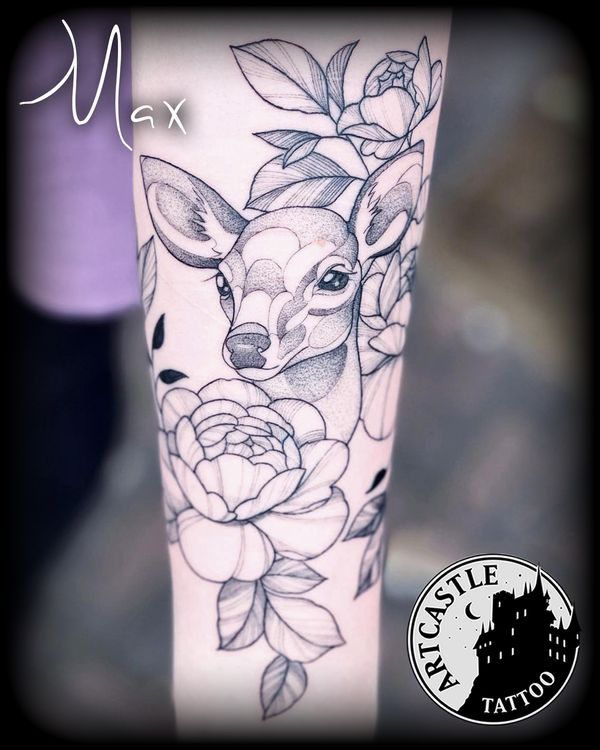 ArtCastleTattoo Tattoo ArtiestMax Deer with peonies on inside lower arm. Dotwork