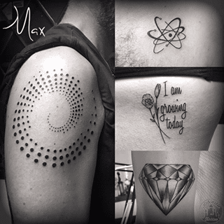 ArtCastleTattoo Tattoo ArtiestMax Dotted spiral Big Bang Theory logo lettering and shaded diamond Black n Grey