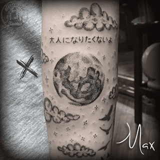 ArtCastleTattoo Tattoo ArtiestMax Dotwork full moon with clouds and stars and Japanese lettering Dotwork