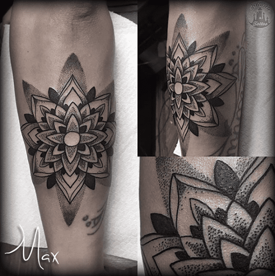 ArtCastleTattoo Tattoo ArtiestMax Dotwork mandala with striking black contrast and details Mandala