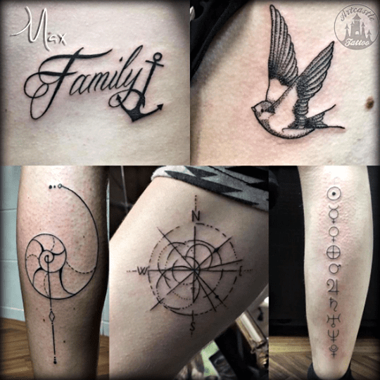 ArtCastleTattoo Tattoo ArtiestMax Family tattoo dotwork swallow and very tight lined compass BlacknGrey