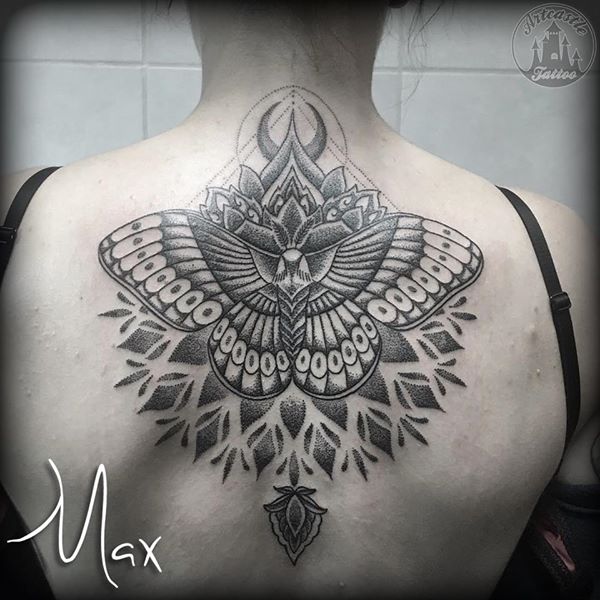 ArtCastleTattoo Tattoo ArtiestMax Large moth tattoo in blackwork dotwork with mandala and cresent moon on upper back Dotwork