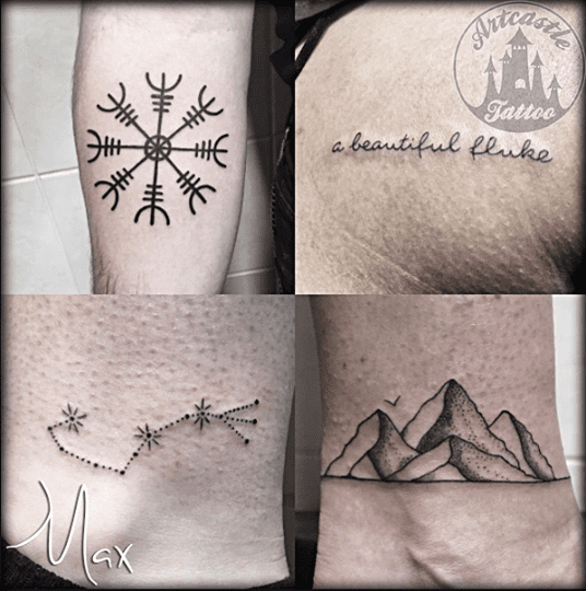 ArtCastleTattoo Tattoo ArtiestMax Line work handwritten lettering a constellation and dotwork mountain tattoo Blackwork