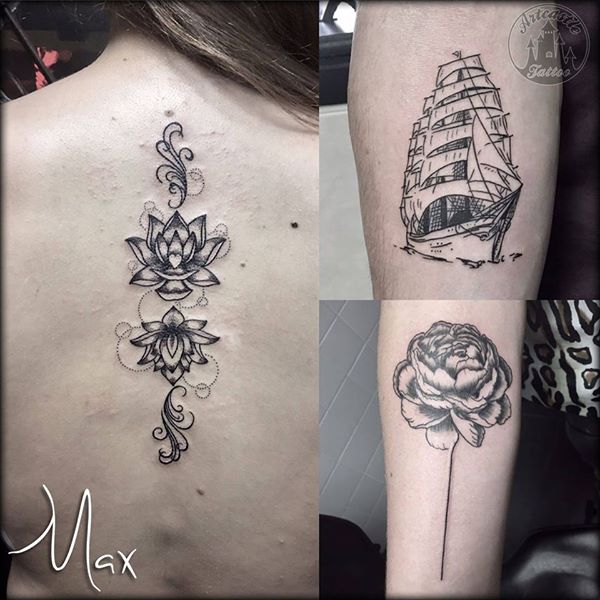 ArtCastleTattoo Tattoo ArtiestMax Lotus tattoo on the back a ship and blackwork peony rose tattoo Black n Grey