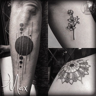 ArtCastleTattoo Tattoo ArtiestMax Mandala tattoo on shoulder abstract shapes tattoo and small cherry blossom tattoo Blackwork