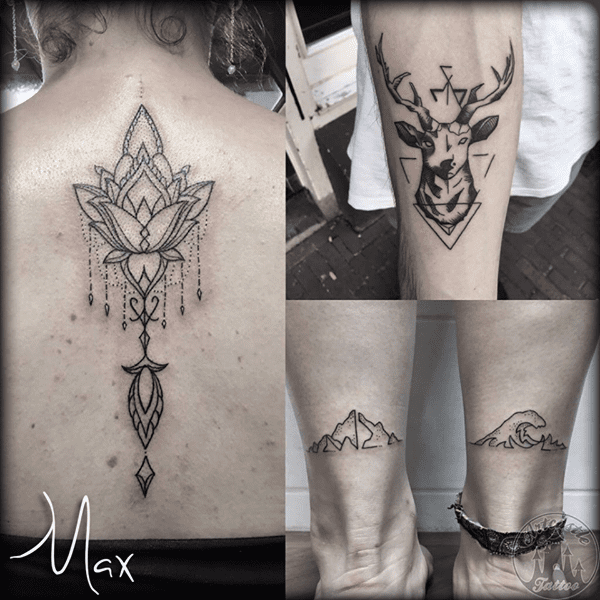 ArtCastleTattoo Tattoo ArtiestMax Mandala tattoo on the back deer tattoo with triangle and dotwork mountain and wave tattoo. Black n Grey