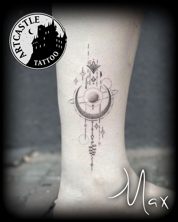 ArtCastleTattoo Tattoo ArtiestMax Moon with geometry unalome and fineline on lower leg. Blackwork