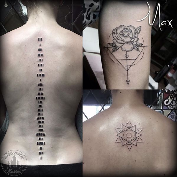 ArtCastleTattoo Tattoo ArtiestMax Morse code down spine rose with geometric line design Geometric linework design on back Blackwork