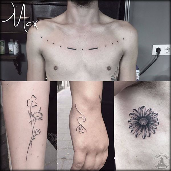 ArtCastleTattoo Tattoo ArtiestMax Morse code on chest small flowers and minimalistic lettering Black n Grey