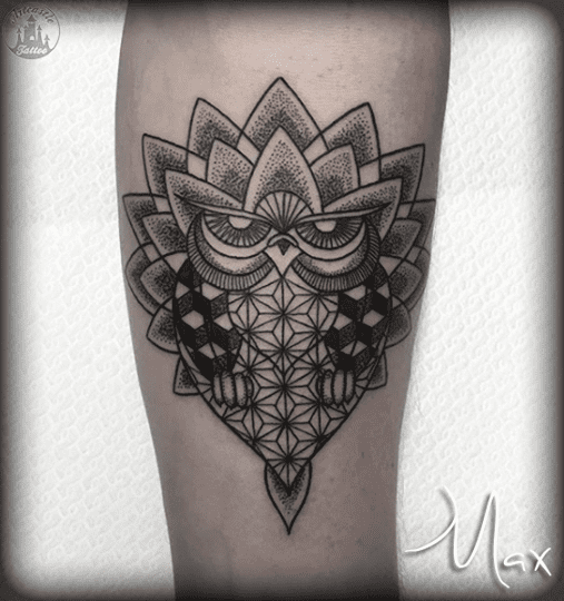 ArtCastleTattoo Tattoo ArtiestMax Owl with Mandala and geometric designs with dotwork Mandala