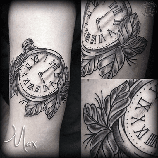 ArtCastleTattoo Tattoo ArtiestMax Pocketwatch with accenting leaves in black n grey tones with lines Black n Grey