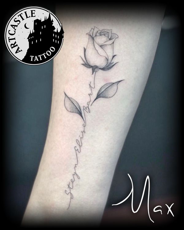 ArtCastleTattoo Tattoo ArtiestMax Rose with dotwork and names of children in stem on lower arm. Fineline