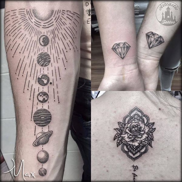 ArtCastleTattoo Tattoo ArtiestMax Solar system tattoo with lots of detail realistic diamond tattoo and a mandala tattoo Black n Grey