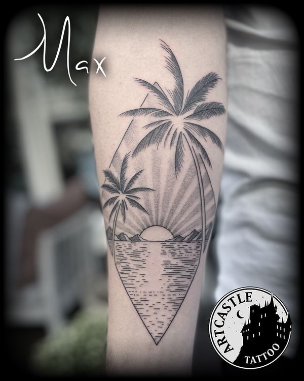 ArtCastleTattoo Tattoo ArtiestMax diamond shape with sunset ocean and palmtrees on inside lower arm. Blackwork