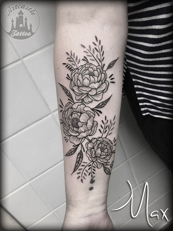 ArtCastleTattoo Tattoo ArtiestMax peonies on lower arm. Black n grey Black n grey