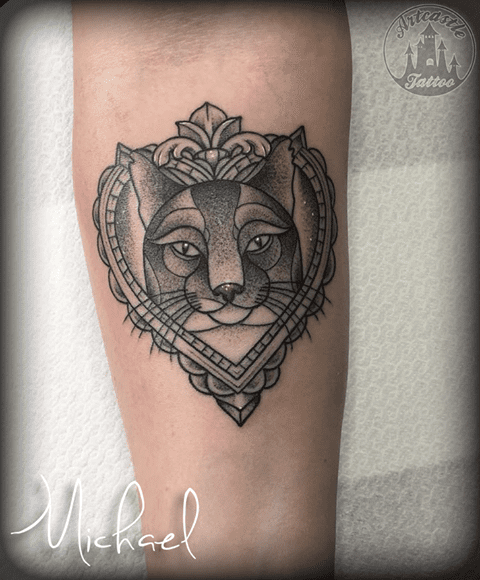 ArtCastleTattoo Tattoo ArtiestMichael Black n Grey cat portrait tattoo lower arm Old School