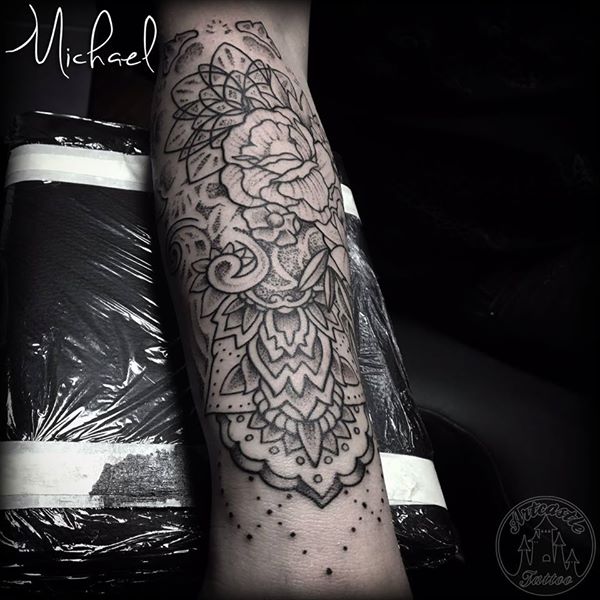 ArtCastleTattoo Tattoo ArtiestMichael Black n grey rose tattoo with mandala designs and dotwork on lower arm Mandala