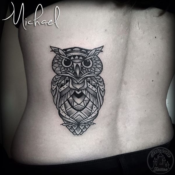 ArtCastleTattoo Tattoo ArtiestMichael Blackwork owl with mandala and geometric designs Geometric