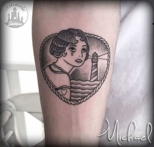 ArtCastleTattoo Tattoo ArtiestMichael Crying woman and lighthouse on lower arm. Traditioneel Traditional