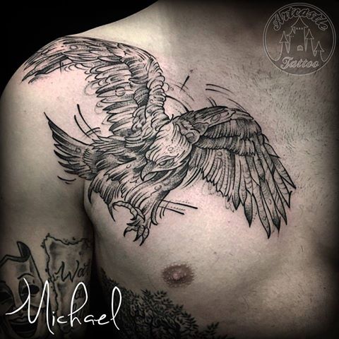 ArtCastleTattoo Tattoo ArtiestMichael Eagle bird tattoo in sketch style on chest black n grey Blackwork