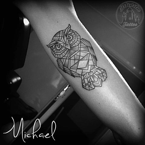 ArtCastleTattoo Tattoo ArtiestMichael Geometrical owl tattoo black n grey on inside arm Geometric
