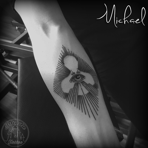ArtCastleTattoo Tattoo ArtiestMichael Lines and all seeing eye tattoo with silhouette lower arm Blackwork