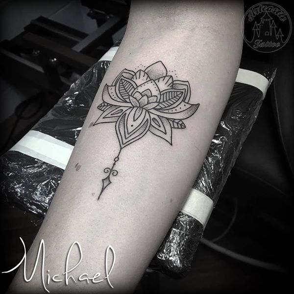 ArtCastleTattoo Tattoo ArtiestMichael Mandala lotus tattoo black n grey dotwork on the underarm Mandala