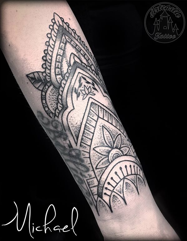 ArtCastleTattoo Tattoo ArtiestMichael Mandala tattoo black n grey dotwork on underarm Mandala