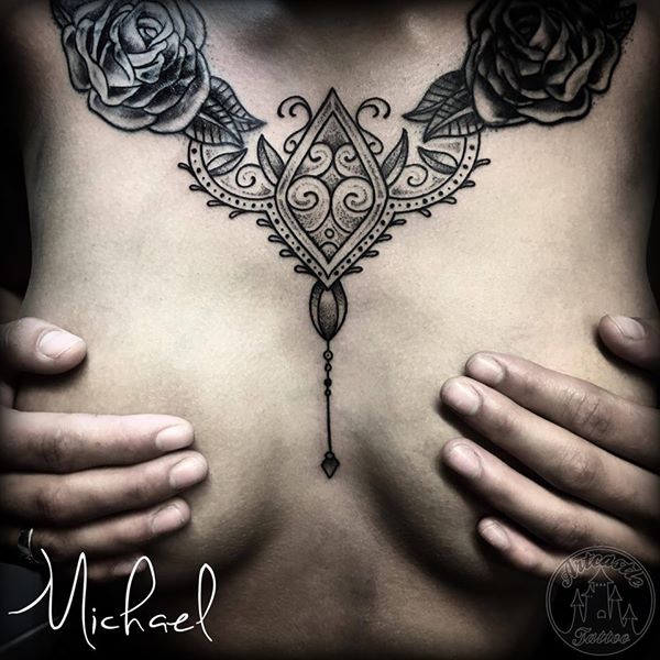 ArtCastleTattoo Tattoo ArtiestMichael Mandala tattoo chestpiece black n grey Mandala