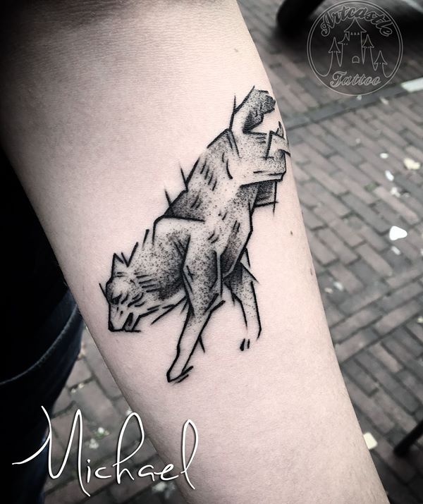 ArtCastleTattoo Tattoo ArtiestMichael Sketch wolf tattoo on under arm black n grey Blackwork