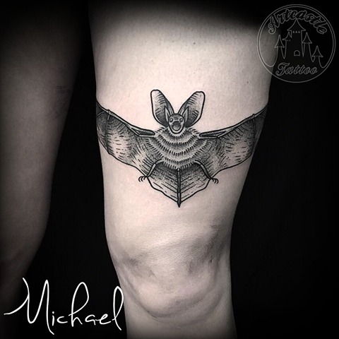 ArtCastleTattoo Tattoo ArtiestMichael Traditional Black n grey Bat tattoo upper leg Blackwork
