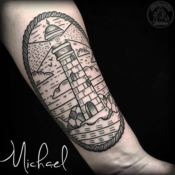 ArtCastleTattoo Tattoo ArtiestMichael Traditional Lighthouse linework tattoo on the underarm Old School