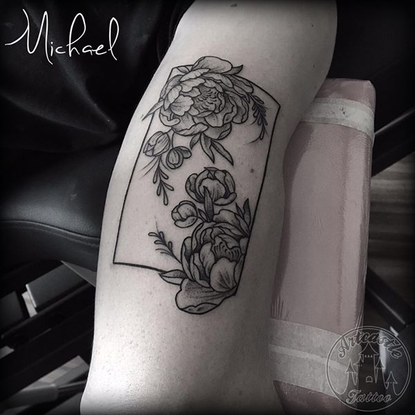 ArtCastleTattoo Tattoo ArtiestMichael Traditional flowers in rectangle frame tattoo black n grey on arm Geometric