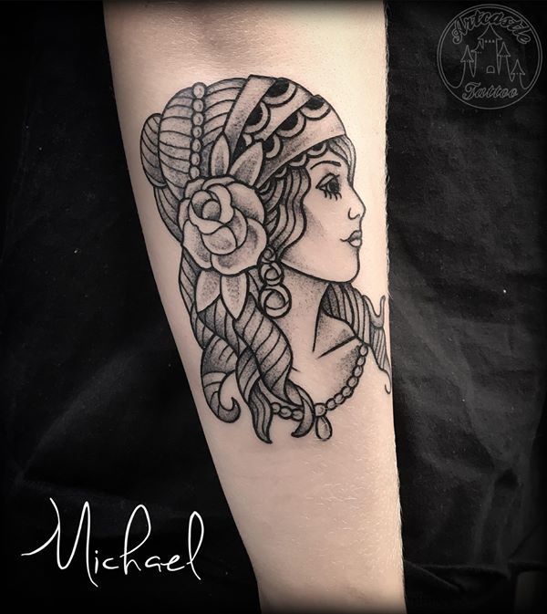 ArtCastleTattoo Tattoo ArtiestMichael Traditional gypsy woman portrait tattoo black n grey on arm Old School