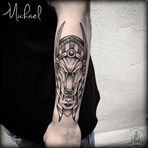 ArtCastleTattoo Tattoo ArtiestMichael Traditional old school Anubis head headress on lower arm Black n Grey