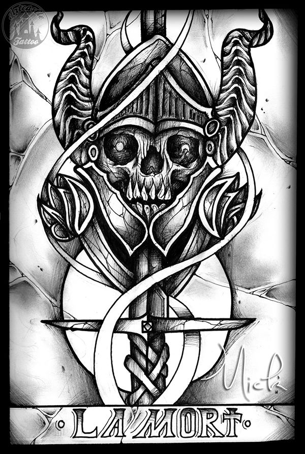 ArtCastleTattoo Tattoo ArtiestMick Tarot card skull with helmet Tekeningen Drawings