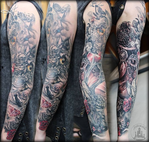 ArtCastleTattoo Tattoo ArtiestPrive Horia Full sleeve with animals roses diamonds and a dreamcatcher black n grey and color splashes abstract sleeve tattoo Sleeves