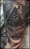 ArtCastleTattoo Tattoo ArtiestPrive Horia Girl with Illuminati eye and Clock black n grey surrealism tattoo Black n Grey
