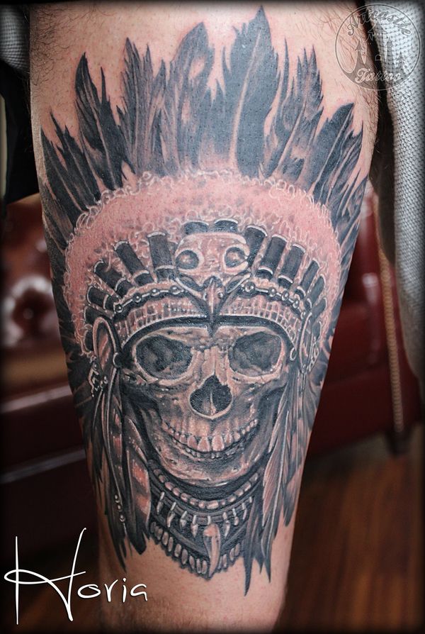 ArtCastleTattoo Tattoo ArtiestPrive Horia Realistic indian skull tattoo black n grey upper leg Black n Grey